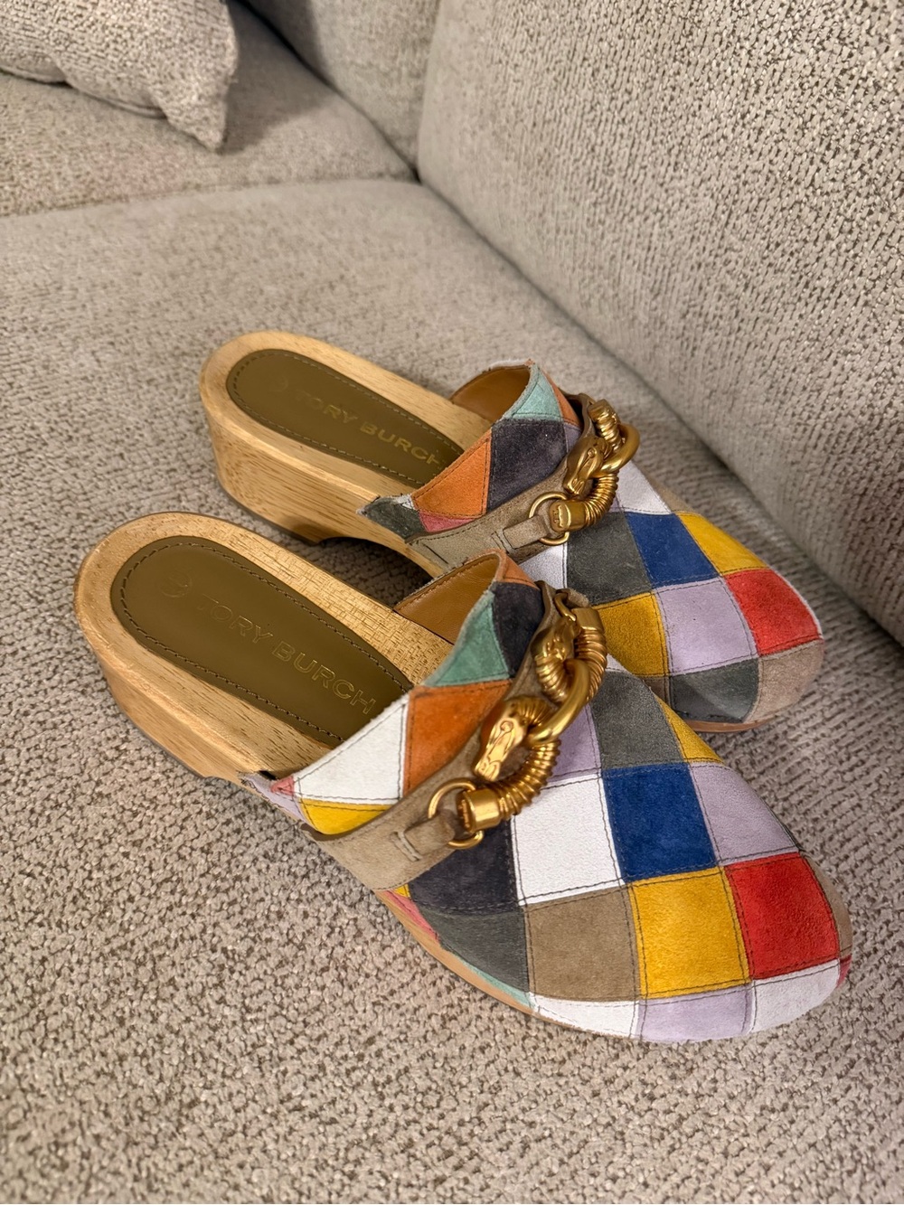 Tory Burch Jessa Patchwork Suede Clog Sandals Size 9 - Picture 3 of 12